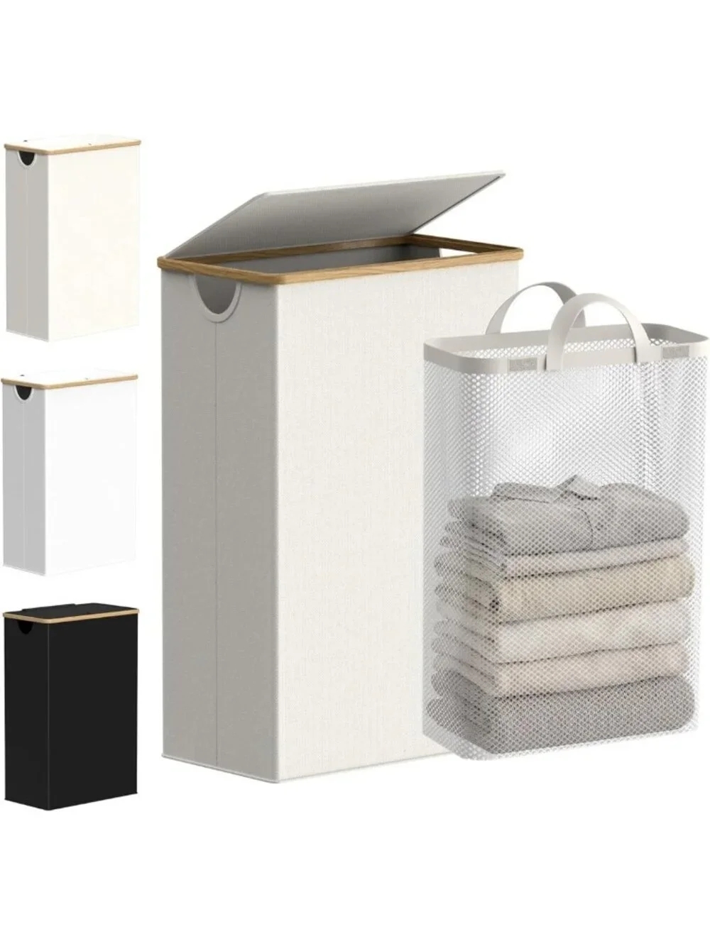 Slim Laundry Basket with Lid, Narrow Hamper with Removable Bag & Bamboo Handles
